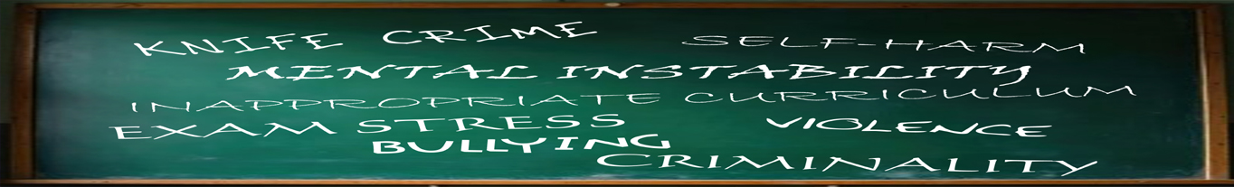 School blackboard with words such as criminality, violence, bullying, mental instability, etc